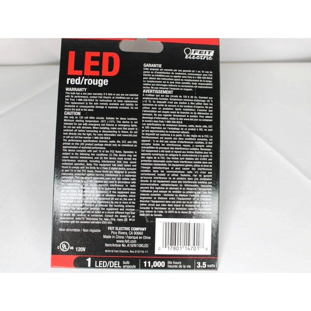 Red LED party bulb FEIT Electric 3.5 watts, 120 V, NEW, 11,000 life hours